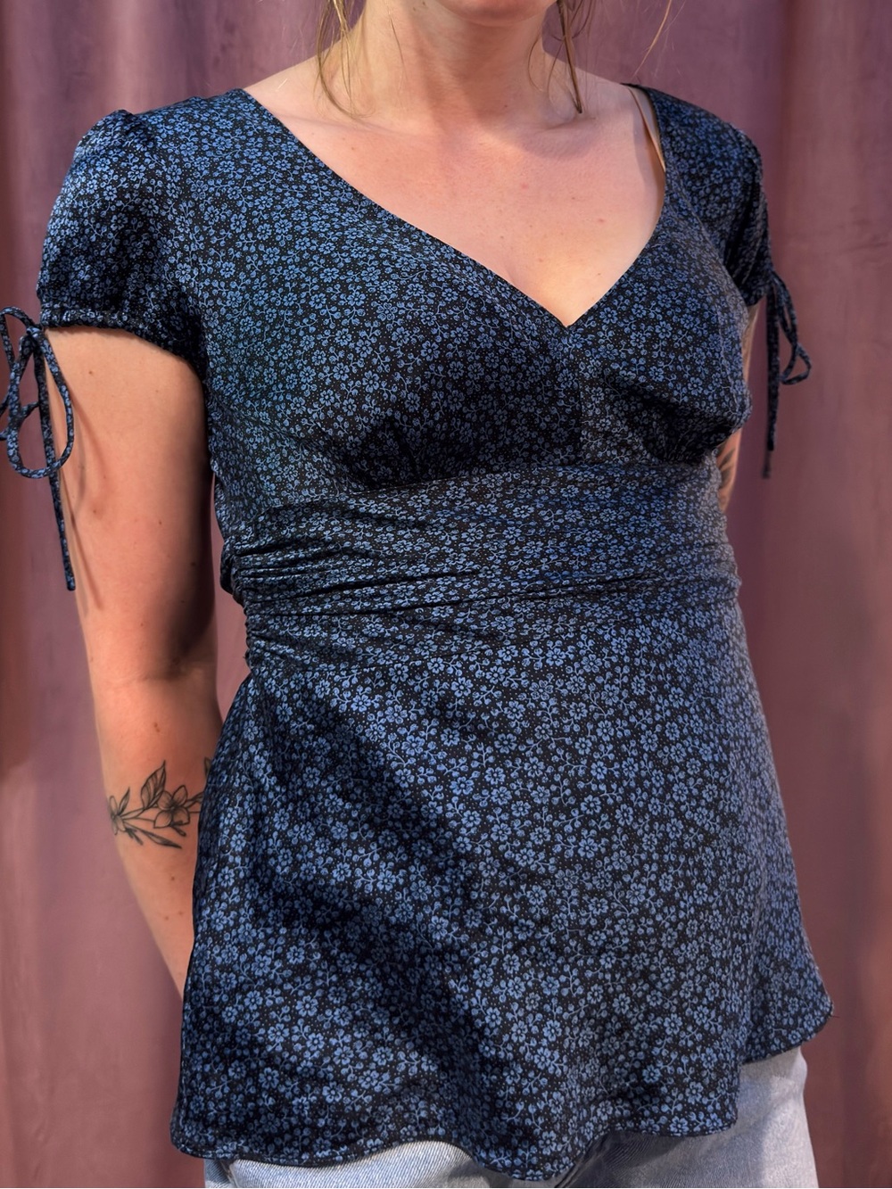 Express Design Studio Floral Corset Babydoll Top Navy Size S